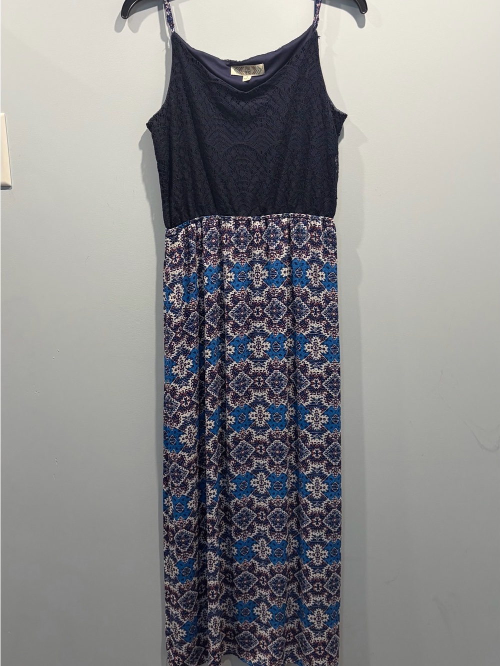Pink Rose Navy Blue Lace Bodice Patterned Maxi Dress Sz S